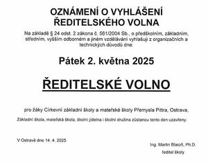 Oznámení o vyhlášení ředitelského volna